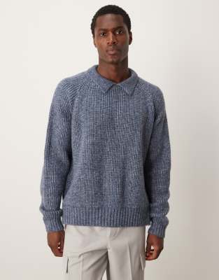 ASOS DESIGN oversized boxy fit heavyweight knitted wool mix cable jumper with collar in blue marl φωτογραφία