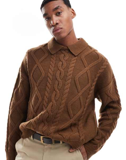 ASOS DESIGN oversized boxy fit heavyweight knitted wool mix cable jumper with collar in brown marl - view 1