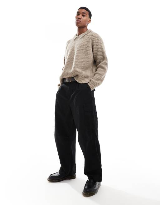 ASOS DESIGN oversized boxy fit heavyweight knitted wool mix cable jumper with collar in taupe, 4 of 4