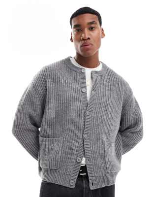 ASOS DESIGN ASOS DESIGN oversized boxy fit heavyweight knitted wool mix crew neck cardigan in light grey marl