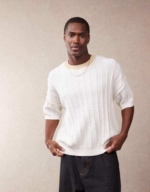 ASOS DESIGN oversized boxy fit heavyweight texture ribbed knit crew neck T-shirt in ecru, 4 of 4
