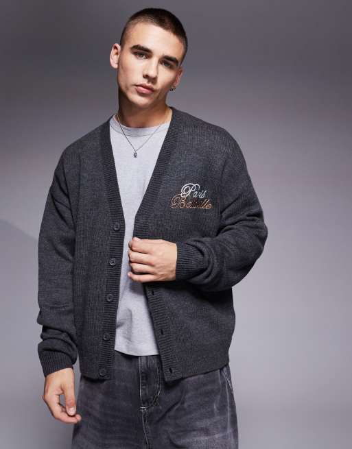 ASOS Design Oversized Boxy Fit Knit Cardigan in Charcoal with Badge embroidery Gray