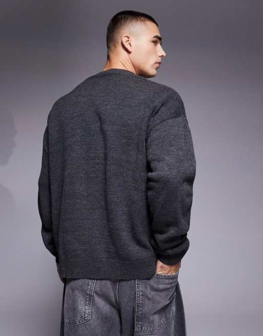 ASOS DESIGN oversized boxy fit knit cardigan in charcoal with badge embroidery