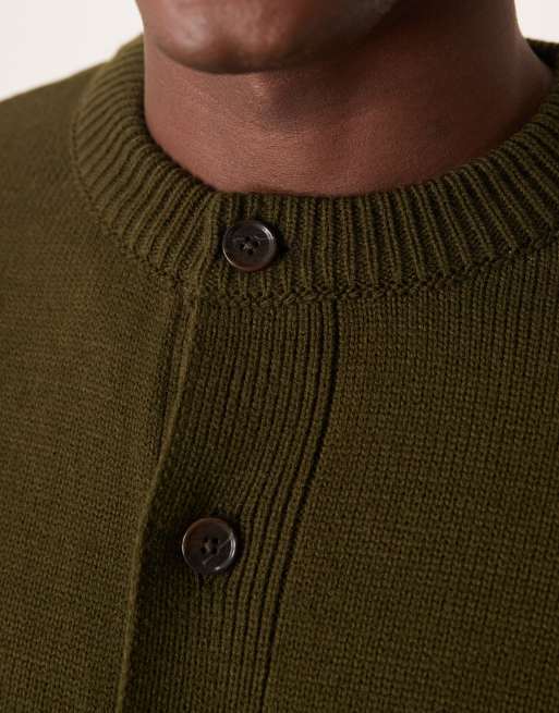 ASOS DESIGN oversized boxy fit knit crew neck cardigan with pockets in khaki, 2 of 4