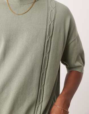 Asos Design Oversized Boxy Fit Knit Crew Neck T-shirt With Embroidery Detail In Green