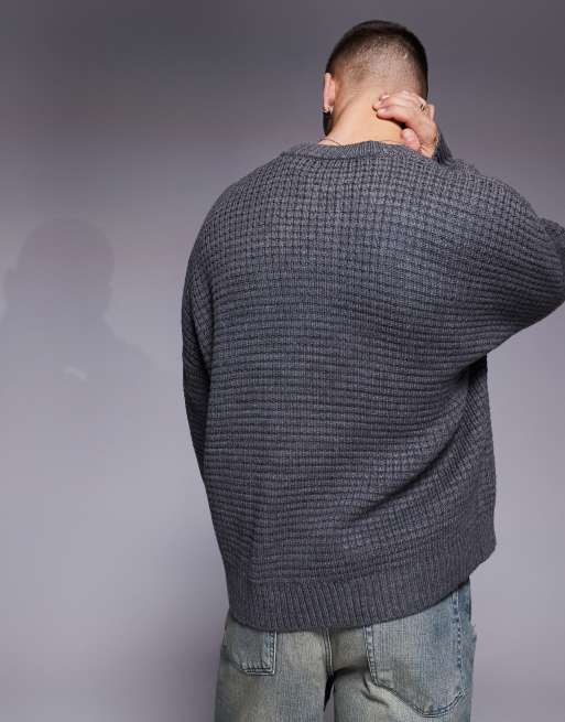 ASOS DESIGN oversized boxy fit knit henley neck sweater with waffle texture in heathered charcoal, 4 of 4