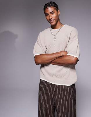 Asos Design Oversized Boxy Fit Knit Pique Crew Neck T-shirt In Neutral