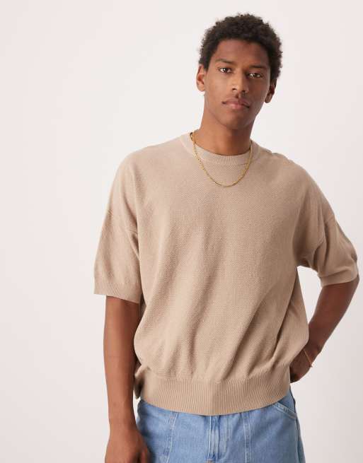 ASOS DESIGN oversized boxy fit knit pique textured t-shirt in stone