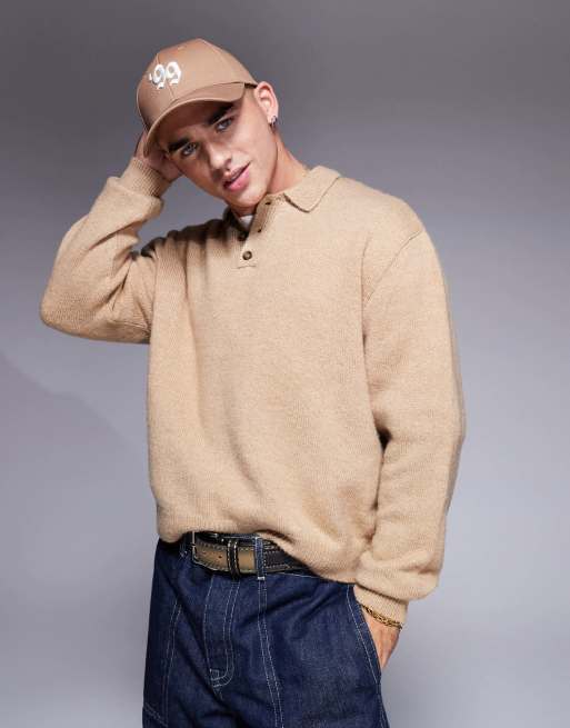ASOS DESIGN oversized boxy fit knit polo shirt in stone