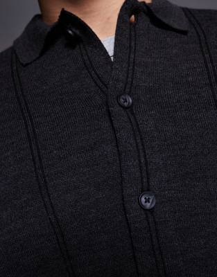 Asos Design Oversized Boxy Fit Knit Polo Sweater With Stripe In Gray