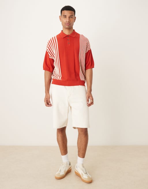 ASOS DESIGN oversized boxy fit knit polo with contrast stripe in red