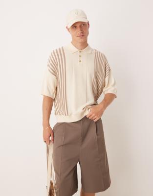 oversized boxy fit knit polo with contrast stripes in ecru-Neutral