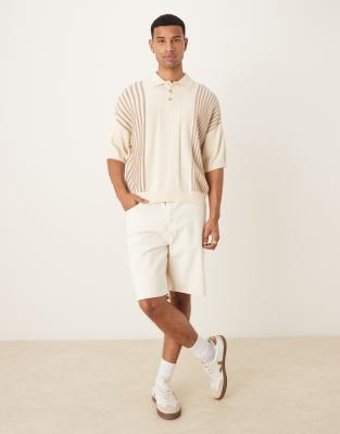 Asos Design Oversized Boxy Fit Knit Polo With Contrast Stripes In Brown