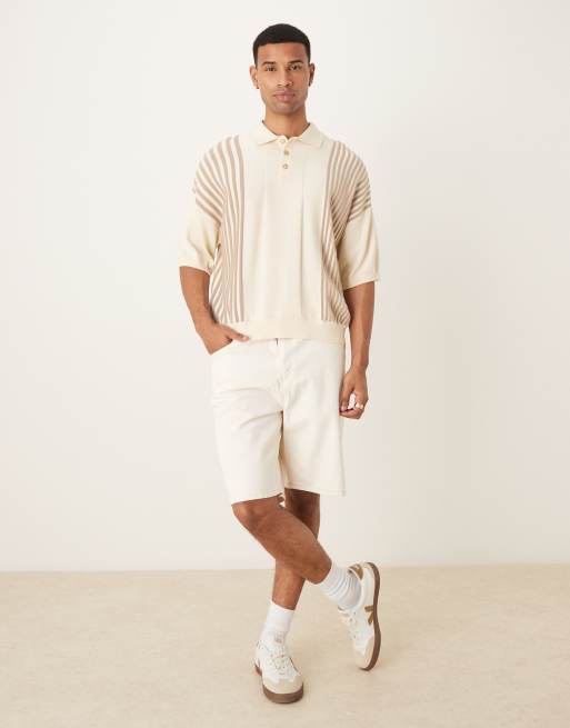 ASOS DESIGN oversized boxy fit knit polo with contrast stripes in ecru