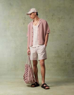 Asos Design Oversized Boxy Fit Knit Textured Camp Collar Polo Shirt In Pink