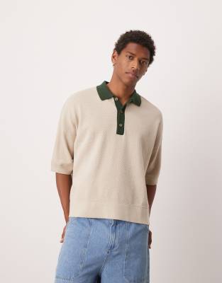 Asos Design Oversized Boxy Fit Knit Textured Polo In Neutral