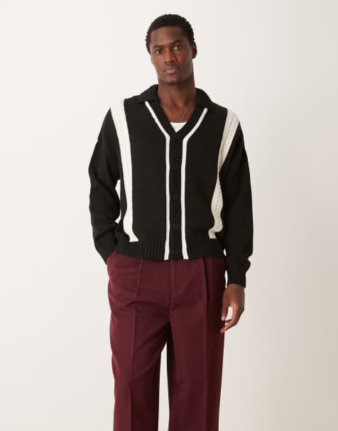 ASOS DESIGN oversized boxy fit knitted cardigan with collar and contrast stripe in black - view 1