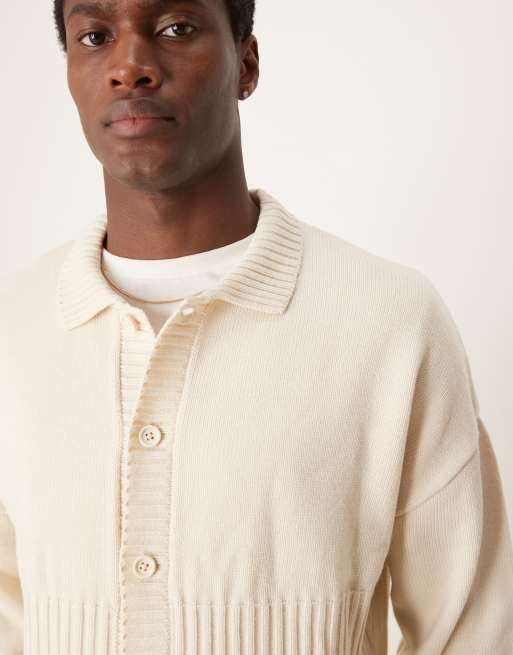 ASOS DESIGN oversized boxy fit knitted cardigan with rib stripe detail in ecru, 2 of 4