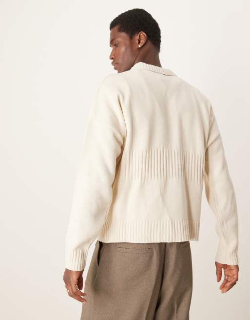 ASOS DESIGN oversized boxy fit knitted cardigan with rib stripe detail in ecru, 3 of 4