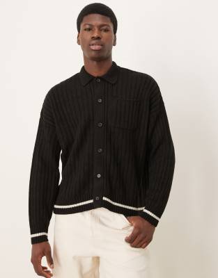 ASOS DESIGN oversized boxy fit knitted collar cardigan in black with cream tipping