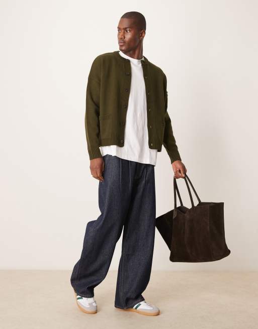 ASOS DESIGN oversized boxy fit knitted crew neck cardigan with pockets in khaki, 3 of 4