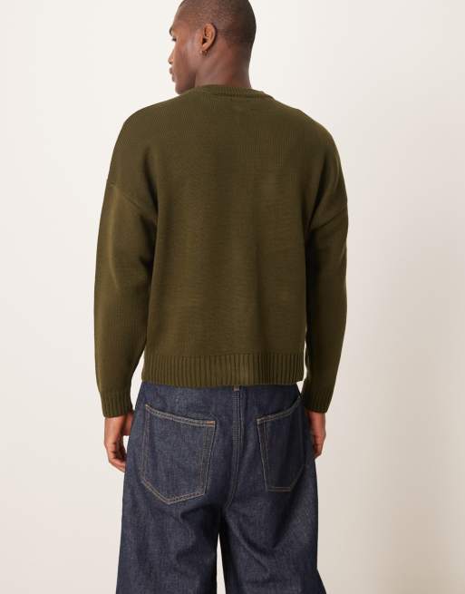 ASOS DESIGN oversized boxy fit knitted crew neck cardigan with pockets in khaki, 4 of 4