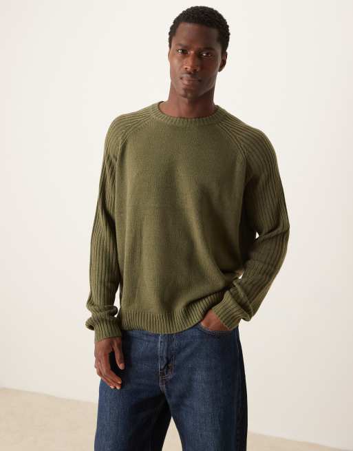 ASOS DESIGN oversized boxy fit knitted crew neck jumper with rib sleeves in khaki ASOS