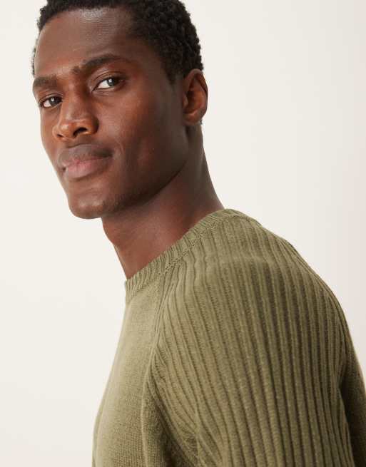 ASOS DESIGN oversized boxy fit knitted crew neck jumper with rib sleeves in khaki, 2 of 4
