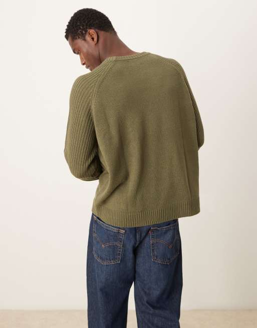 ASOS DESIGN oversized boxy fit knitted crew neck jumper with rib sleeves in khaki, 3 of 4