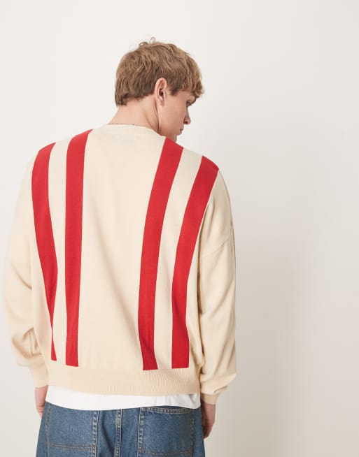 ASOS DESIGN oversized boxy fit knitted crew neck sweater with stripe pattern in beige