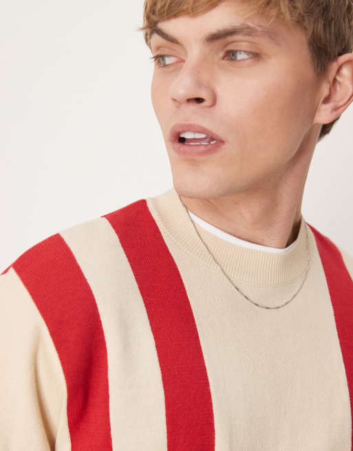 ASOS DESIGN oversized boxy fit knitted crew neck sweater with stripe pattern in beige