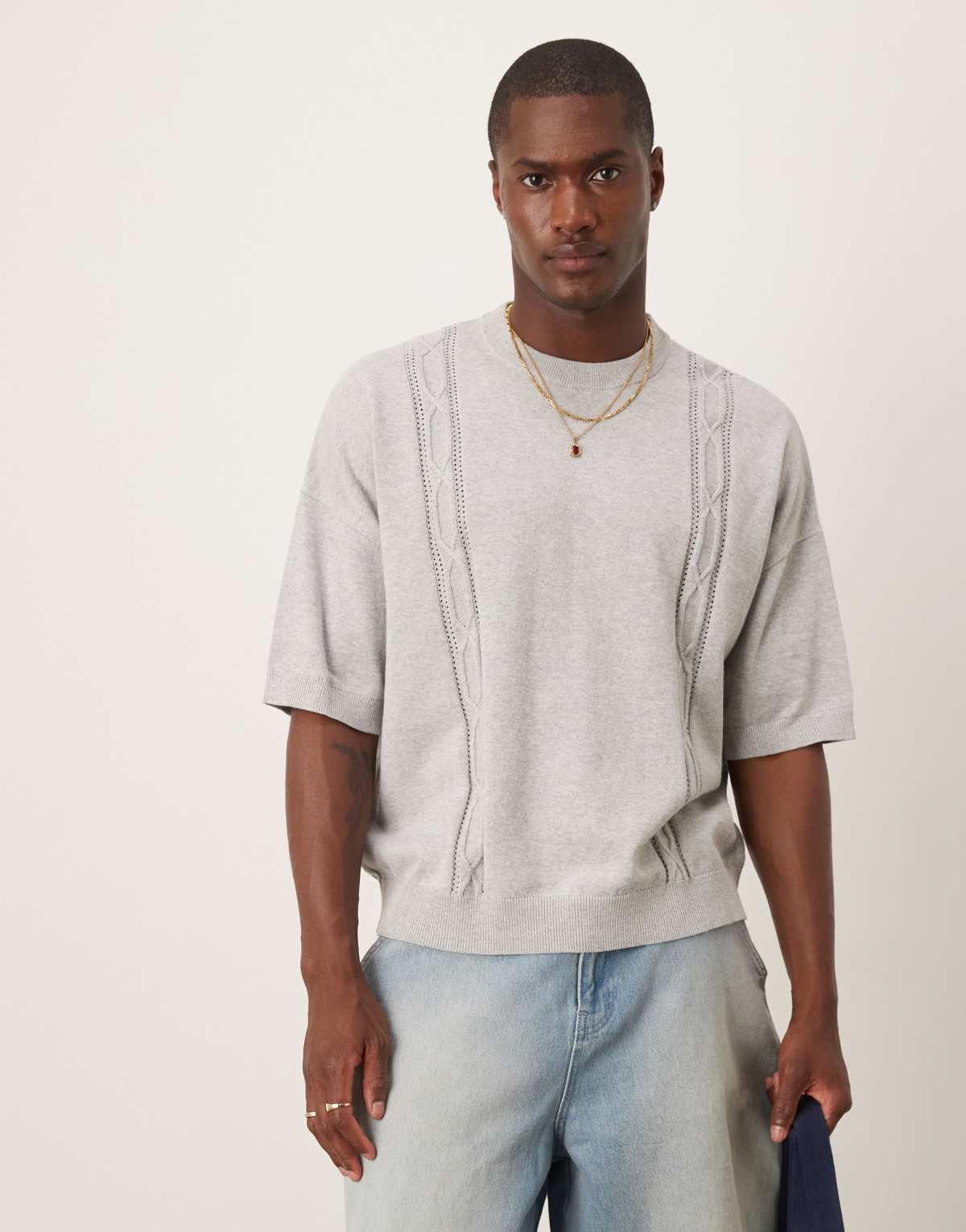 ASOS DESIGN oversized boxy fit knitted crew neck t-shirt with embroidery detail in grey marl