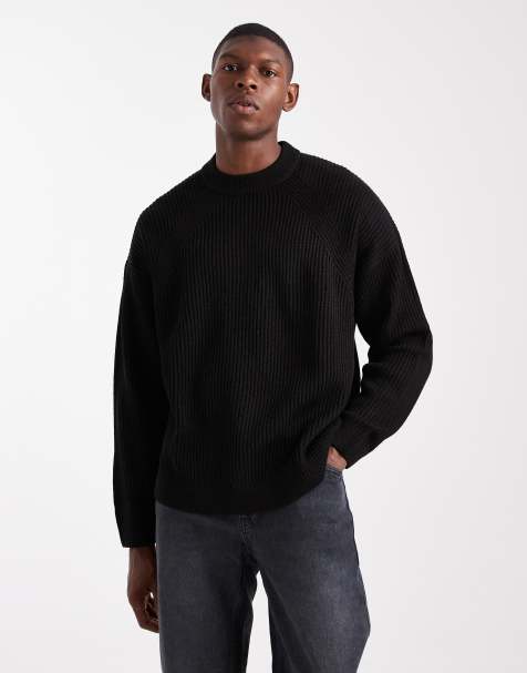 ASOS DESIGN oversized boxy fit knitted fisherman rib jumper in black - view 1