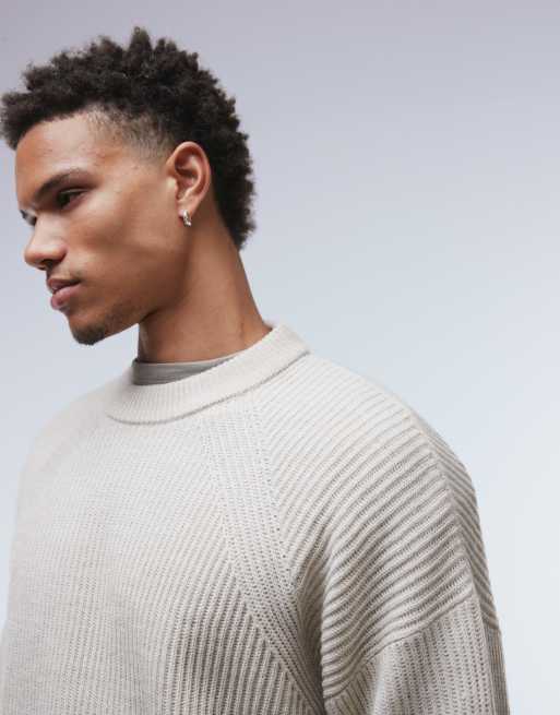ASOS DESIGN oversized fisherman rib knit sweater in heathered stone