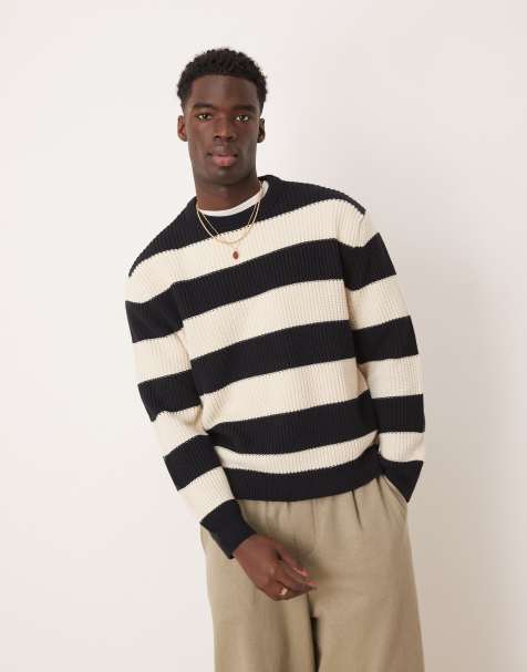 ASOS DESIGN oversized boxy fit knitted fisherman rib jumper with stripe in navy - view 1