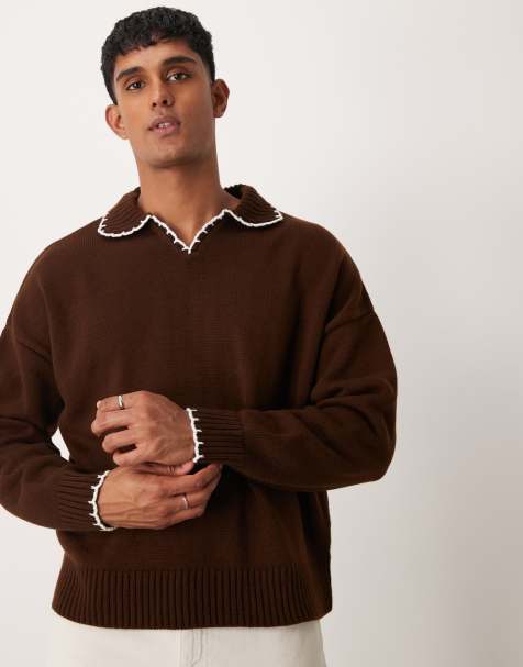 ASOS DESIGN oversized boxy fit knitted notch neck jumper with blanket stitch in brown - view 1