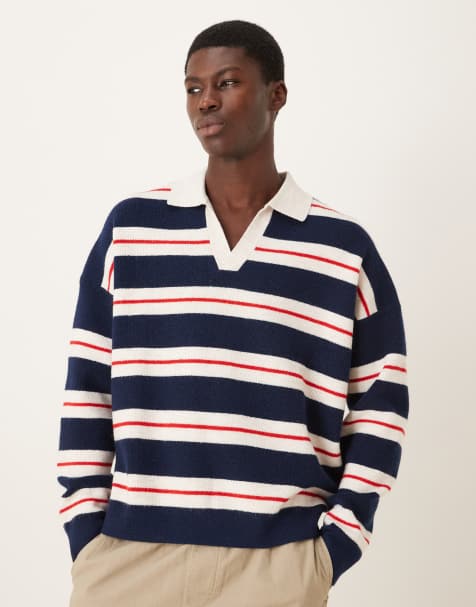 ASOS DESIGN oversized boxy fit knitted notch neck polo in beige stripe - view 1