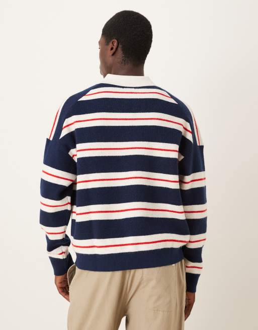 ASOS DESIGN oversized boxy fit knitted notch neck polo in beige stripe, 3 of 5