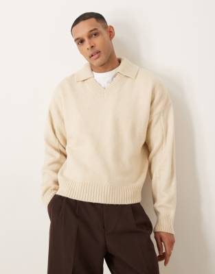 oversized boxy fit knitted notch neck sweater in stone-Neutral