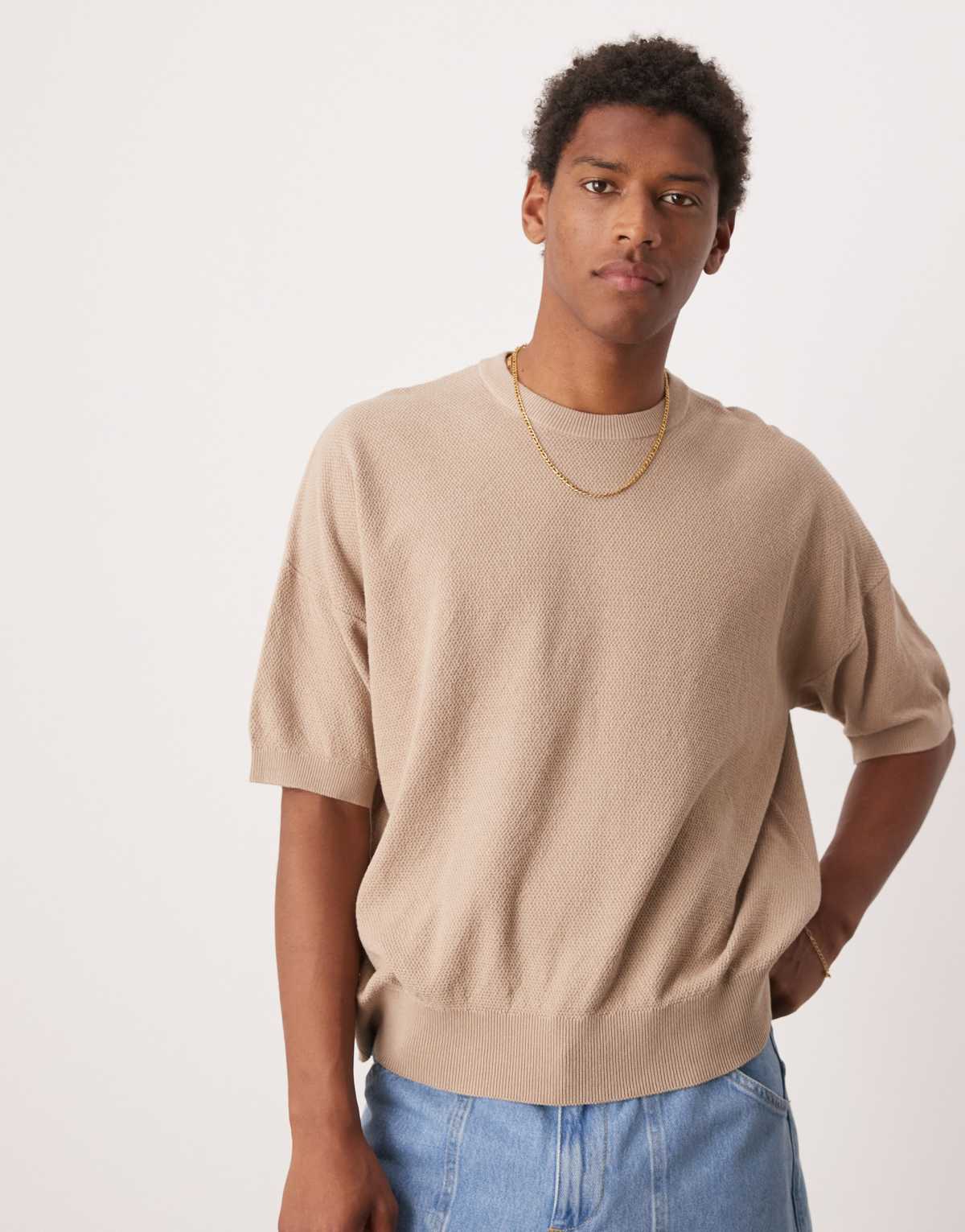 ASOS DESIGN oversized boxy fit knitted pique texture tshirt in stone