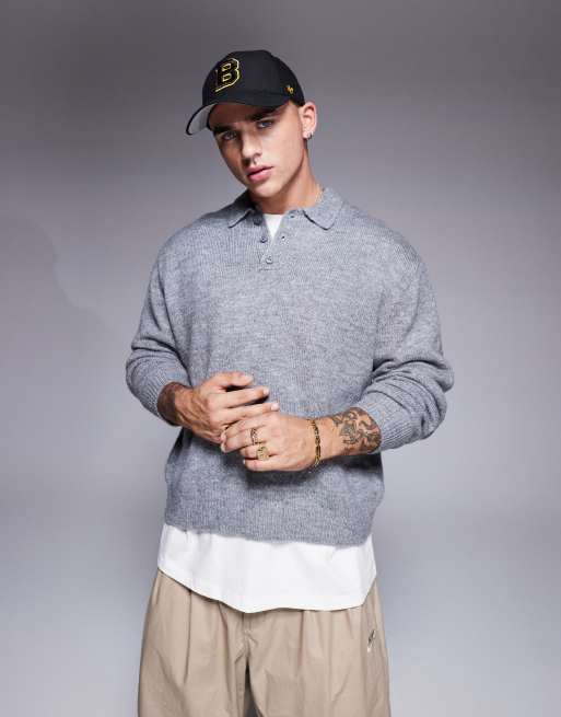 ASOS DESIGN oversized boxy fit knitted polo in gray