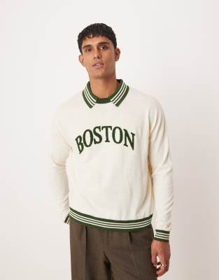 ASOS DESIGN ASOS DESIGN oversized boxy fit knitted polo jumper in cream with varsity text-Neutral