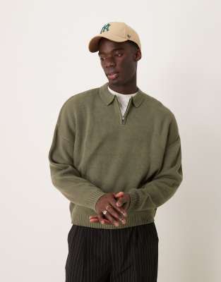 oversized boxy fit knitted polo sweater with quarter zip in khaki-Green