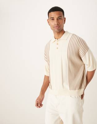 ASOS DESIGN ASOS DESIGN oversized boxy fit knitted polo with contrast stripes in ecru-Neutral