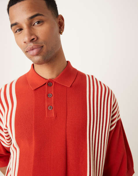 ASOS DESIGN oversized boxy fit knitted polo with contrast stripes in red - view 1