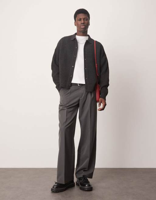 ASOS DESIGN oversized boxy fit knitted ribbed collar cardigan in charcoal heather, 2 of 4