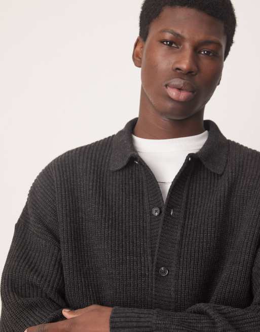 ASOS DESIGN oversized boxy fit knitted ribbed collar cardigan in charcoal heather, 3 of 4