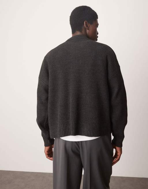 ASOS DESIGN oversized boxy fit knitted ribbed collar cardigan in charcoal heather, 4 of 4