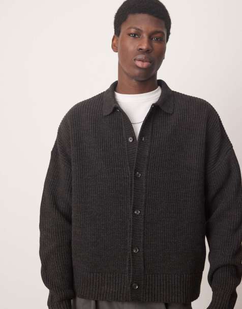 ASOS DESIGN oversized boxy fit knitted ribbed collar cardigan in charcoal marl - view 1
