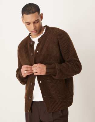 oversized boxy fit knitted ribbed crew neck cardigan in brown